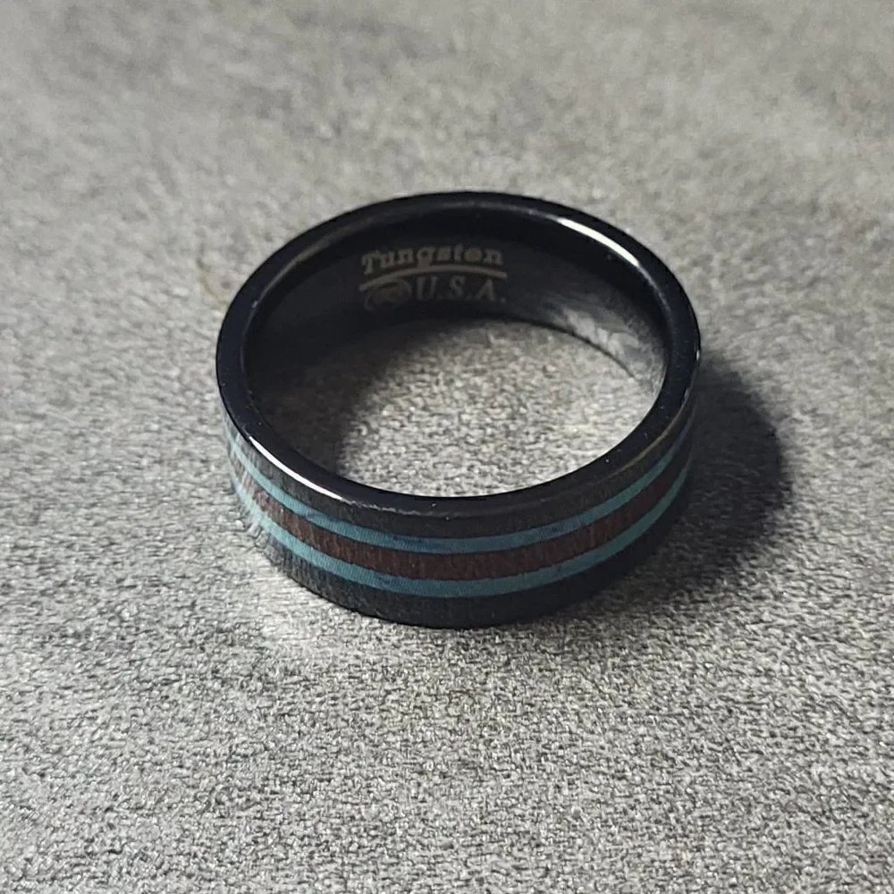 Personalized Engraved Men's Turquoise and Koa Wood Wedding Ring Band
